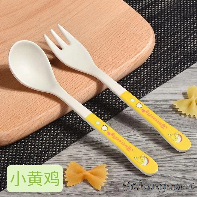 Yellow chicken Детская Ложка для кормления с рисунком животных из мультфильмов и крашения, вилка, тренировочная посуда, Детская безопасная посуда для кормления, школьные принадлежности - Цвет: Yellow chicken