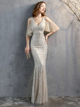 YIDINGZS Elegant V Neck Long Sequin Evening Dress 2021 New Off Shoulder Evening Party Dress