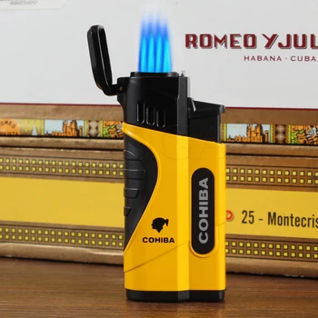 

COHIBA Brand New Metal Butane Gas Refillable Torch Cigar Lighter 4 Jet Windproof Gadgets Smoking Lighters W Cigar Punch Gift Box