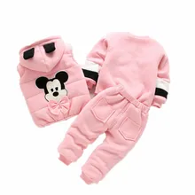 Комплекты одежды для девочек с Минни и Микки зимний теплый комплект одежды для девочек, куртка+ футболка+ штаны, 3 предмета, детская одежда утепленный бархатный костюм для девочек