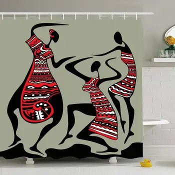 

Shower Curtain Set with Hooks 72x78 Ghana Contemporary Abstract Black Fun People African Unique Dancing Women Style Tribal