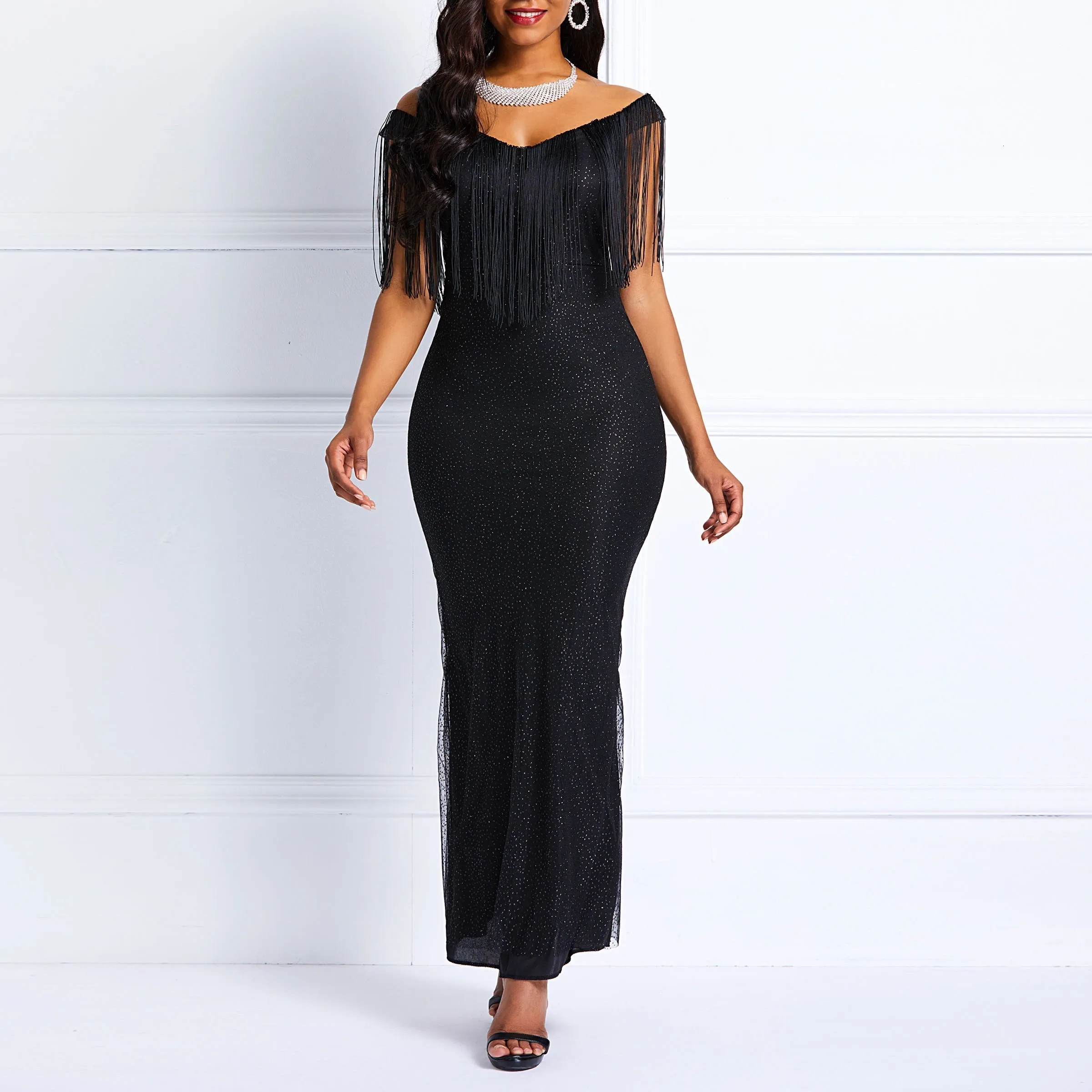 

Clocolor Sequins Dress Women Off Shoulder Tassel Elegant Bodycon Sexy Ladies Boadycon Prom Evening Black Maxi Party Long Dress