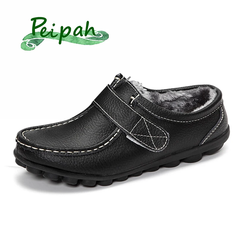 

PEIPAH Slip-On Women Genuine Leather Shoes Woman Ballet Flats Female Nonslip Shoes Winter Hook & Loop Fur Zapatos Mujer 2019