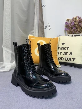 

2020 Women Boots Fashion Women Genuine Leather Boots Designer Luxury Brand Handmade Autumn Winter Lace Up Platform Blac Shoes