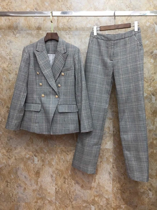 Early autumn new women's Lapel double-breasted button symmetrically buttoned Plaid suit jacket+ trousers suit 918