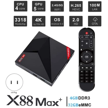 

X88 MAX+ TV Box for Android 9.0 4GB RAM 32GB ROM USB Type-C 2.4G/5Ghz Dual WiFi 4K Smart Set Top Box(US Plug)
