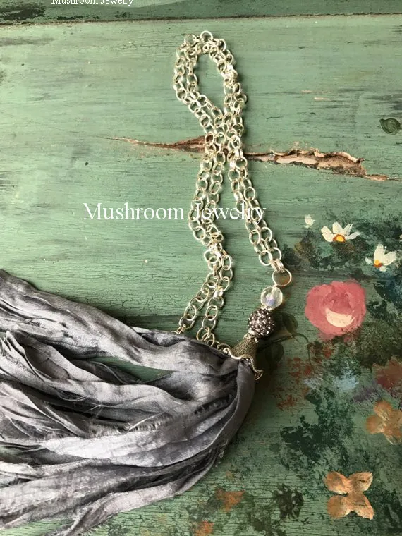 Boho Chic Silver Plated Chain Sari Silk Tassel Necklace,Boho Chain Necklace Women