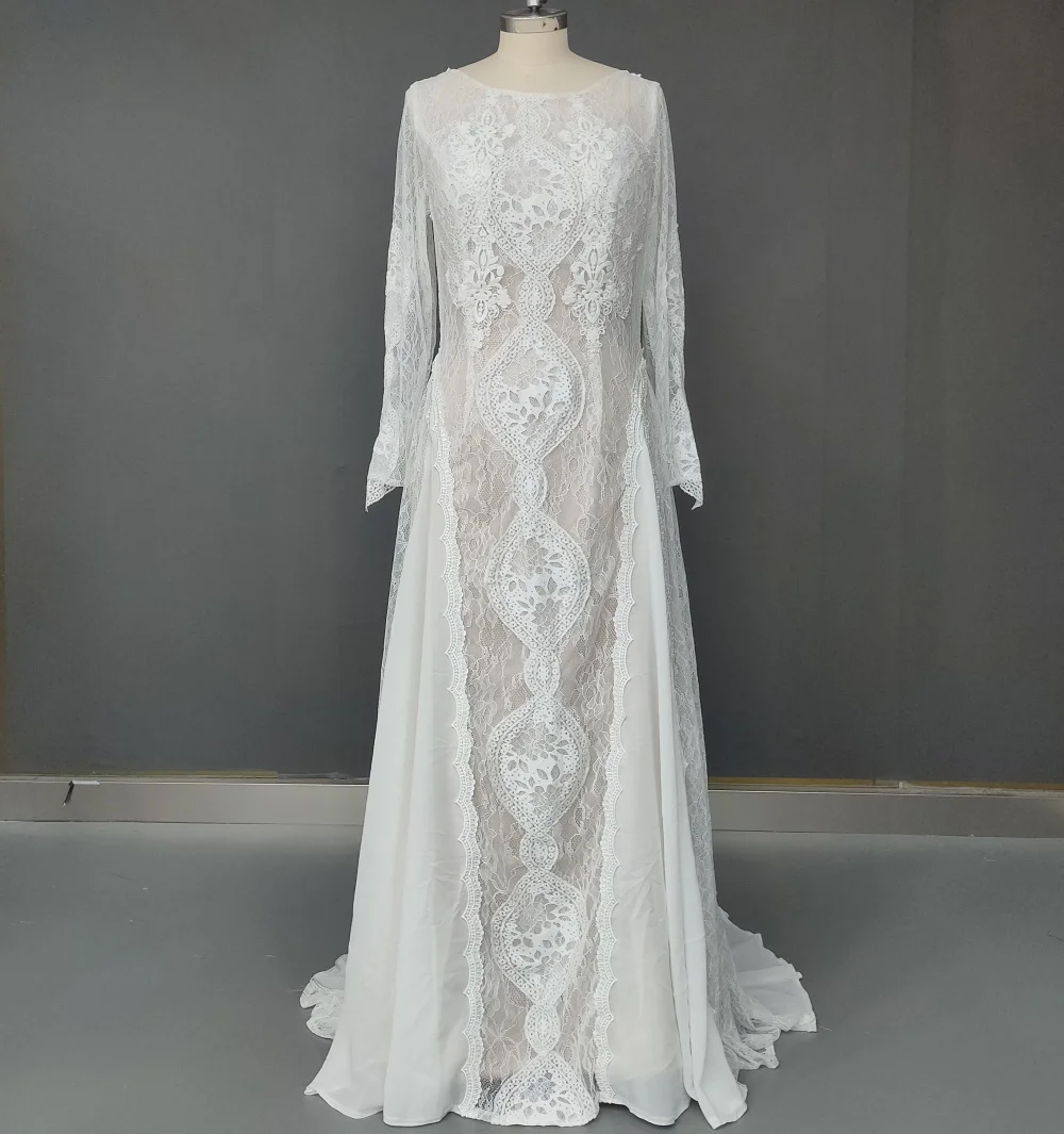 wedding gown Factory Price 100 % Real Sample Photo Long Sleeve Backless O-Neck Lace Boho Bohemian  Beach Wedding Dress Bridal Gown wedding gown