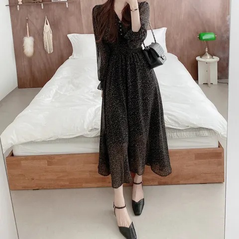 Autumn French Style Floral Print Vestido De Mujer V-neck Chiffon Robe Female Pleated Slim Waist Chiffon Dress Women