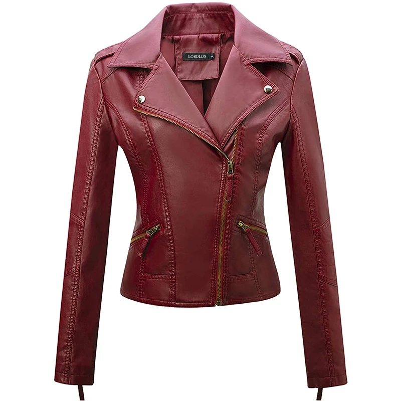 

LORDLDS Leather Jacket Women Red Demi-season Faux Leather Moto Biker Short Coat Jacket Slim Fit Autumn Fashion Zip Up Outwear