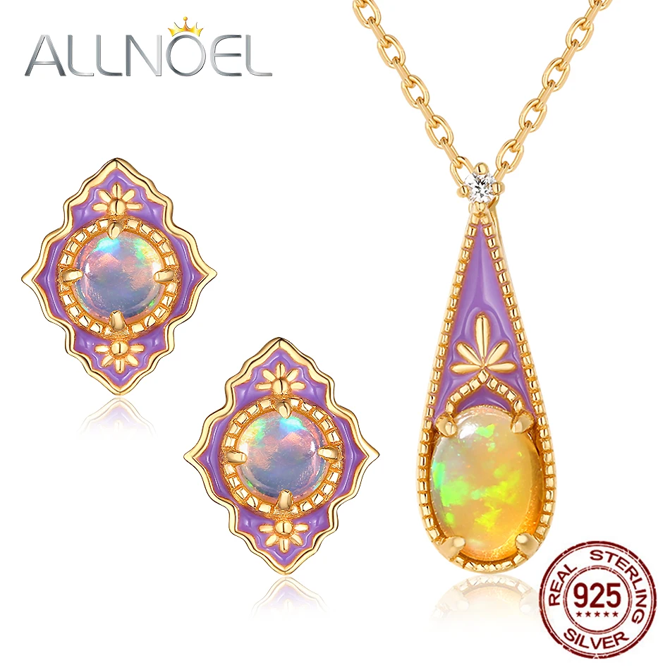 

ALLNOEL Opal Gemstone Fine Jewelry Sets For Women Necklace Earrings 100% Sterling Silver 925 Gold Wedding Gift Prevent allergy