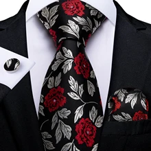 Black Red Reose Floral Ties For Men 8cm Men's Silk Neck Tie Handkerchief Cufflinks Set Business Wedding Tie Gift For Men DiBanGu