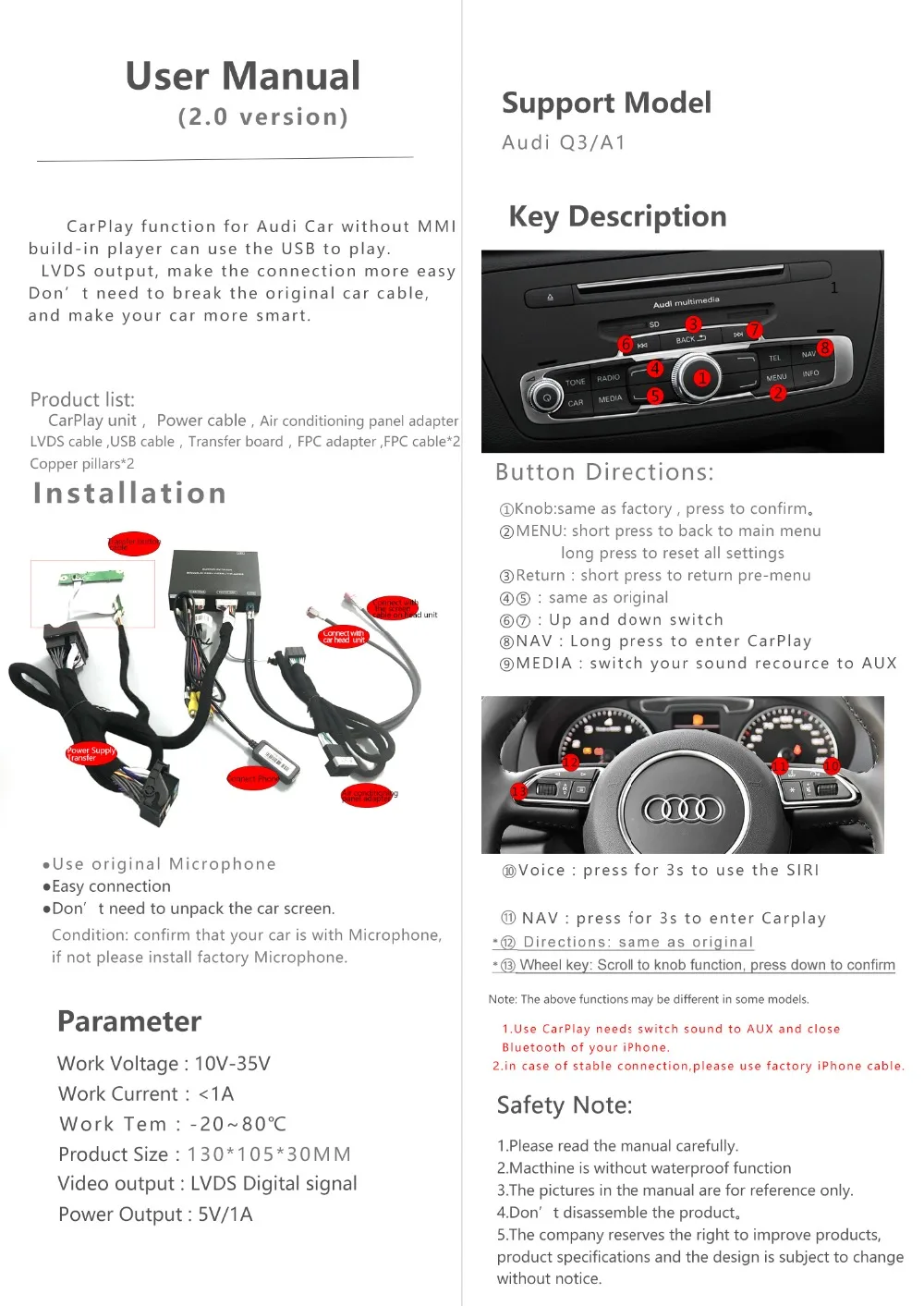 Carlinkit беспроводной CarPlay Android Авто модифицированный комплект для Audi Q3 2013- экран обратного изображения CarPlay декодер