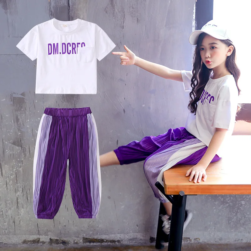 

2019 Summer New Style Girls Anti-mosquito Loose Pants Set Children Summer Wear Lettered Short Sleeve Sports Two-Piece Set