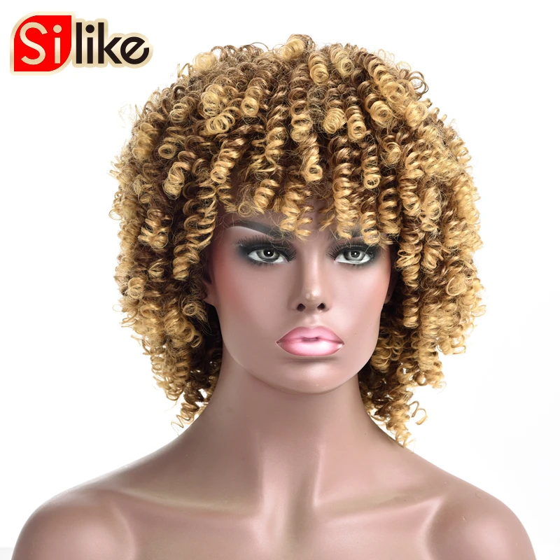 

Silike Short Bouncy Curl Wig Afro Kinky Curly Wig Synthetic Short Wig With Bangs Mixed Brown Blonde Wig for Black Women