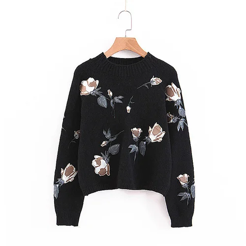 Korobov сладкий цветок вышивка длинный рукав женский пуловер корейский o-образный вырез укороченный свитер женский базовый Sueter Mujer 79088 - Цвет: black