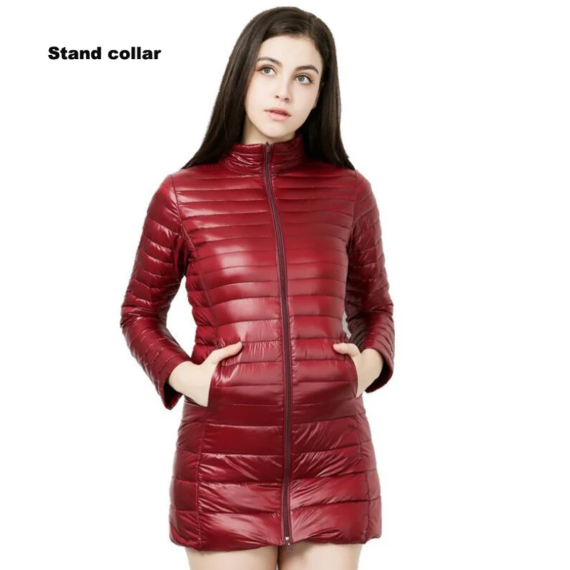 stand collar winered Женский пуховик, брендовая новинка, зимние теплые куртки, женский длинный светильник, пуховик на белом утином пуху, 5XL, 6XL, 7XL, ультра-светильник, пальто с капюшоном - Цвет: stand collar winered