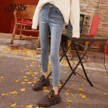

ELFSACK Blue Solid High Waist Washed Straight Casual Jeans Woman 2020 Spring Black Pure Korean Skinny Office Ladies Basic Pants