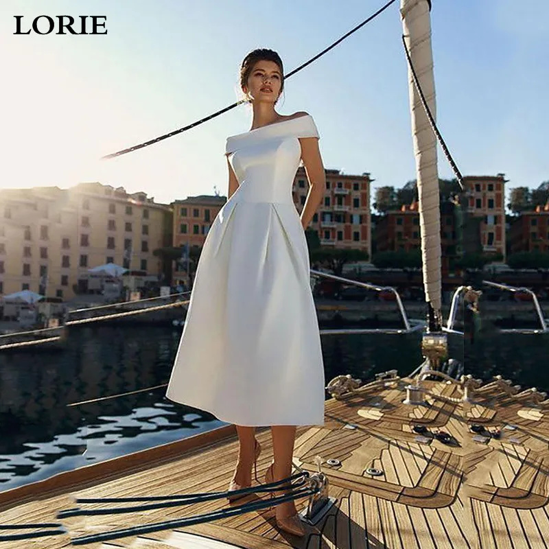 Lorie A-Line атласные свадебные платья плюс размер Короткие свадебные платья с открытыми плечами Vestidos свадебные платья