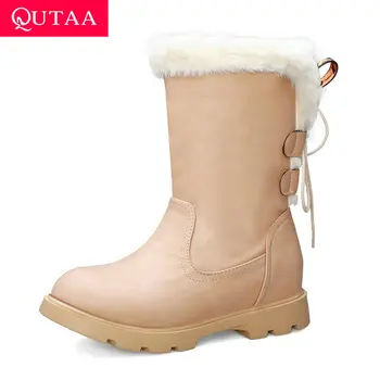 

QUTAA 2020 Winter Round Toe Lace Up Snow Boots PU Leather Warm Fur Mid Calf Boots Square Heel Casual Women Shoes Big Size 34-43