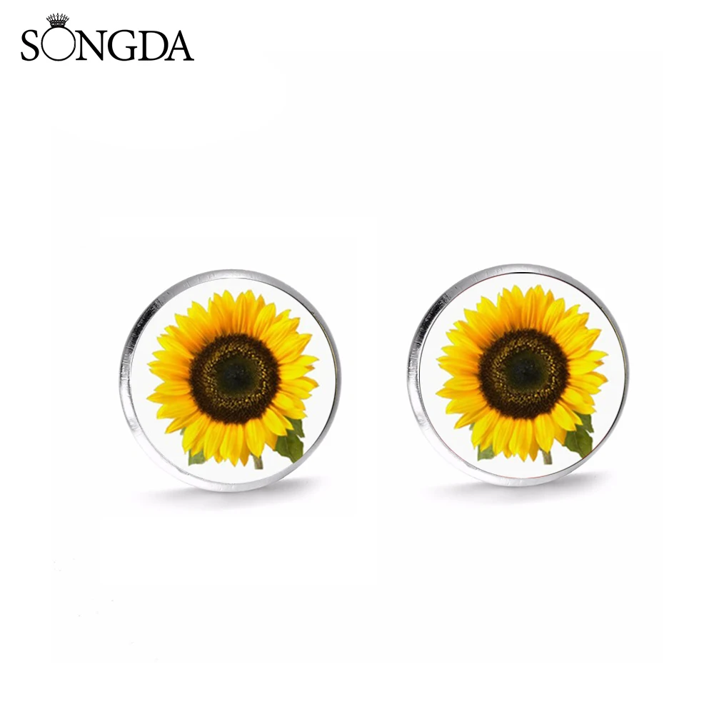 Summer Boho Sunflower Stud Earrings Light Yellow Flower Print Transparent Glass Dome Earrings