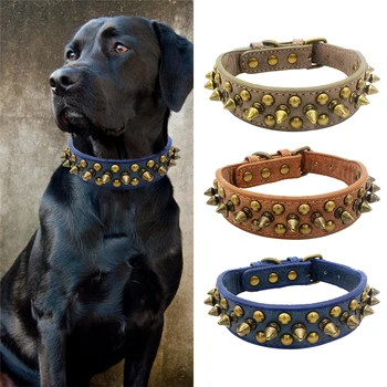 

Spiked Studded Leather Dog Collar Adjustable Anti-bite Faux Leather Pet Collar Neck Strap for Pitbull Bulldog Big Dog