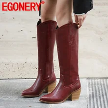 EGONERY/Женская обувь; коллекция года; новые модные зимние сапоги до колена с острым носком без застежки; Уличная обувь на высоком каблуке; большие размеры; Прямая