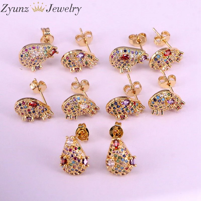 

5Pairs, Rainbow CZ Micro Pave Charm Drop Stud Earring Rainbow Gold Earring Fashion Cubic Zirconia Studs