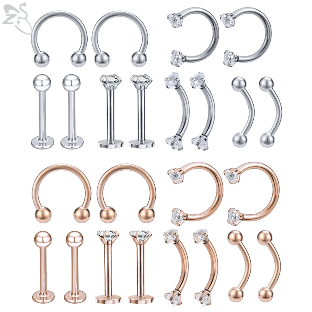 

ZS 12 Pcs/lot 316L Stainless Steel Nose Rings Crystal Labret Piercings Eyebrows Piercing Septum Clickers Body Piercing Jewelry
