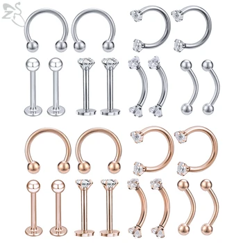 

ZS 12 Pcs/lot 316L Stainless Steel Nose Rings Crystal Labret Piercings Eyebrows Piercing Septum Clickers Body Piercing Jewelry