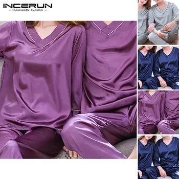 

INCERUN Silk Pajama Set Men Long Sleeved Nightclothes Long Pants Sleepwear Male V Neck Sexy Modern Style Soft Nightgown S-5XL