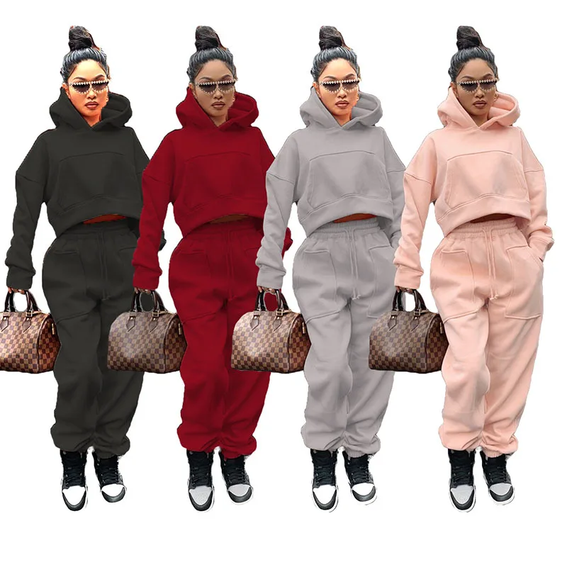 

Winter Casual Suit Long-sleeved Solid Color Plus Fleece Hooded Sweatshirt Casual Pants Two-piece Sets Autumn Women's Outfits