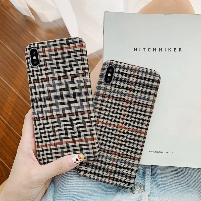 

Retro lattice Plush winter Simple Phone Case For coque iPhone 7 8 6s Plus 11 Pro XS MAX Case silicone cover for iPhone X XR case