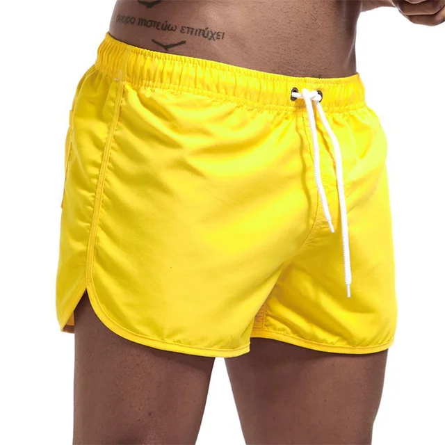 New Men's Summer Swimwear Solid Color Beach Board-shorts Swimsuits Running Sports Casual Breathable Homme Short Pants Yellow