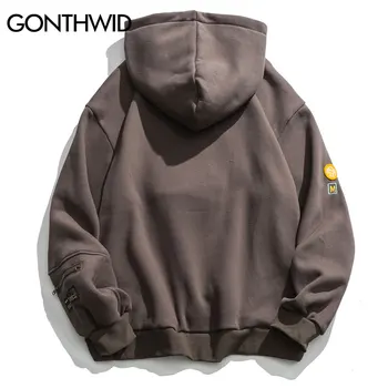 Zipper Pocket Smile Face Patchwork Fleece Hoodies Sweatshirts Streetwear Mens Hip Hop Casual Pullover Hooded Male Tops 2