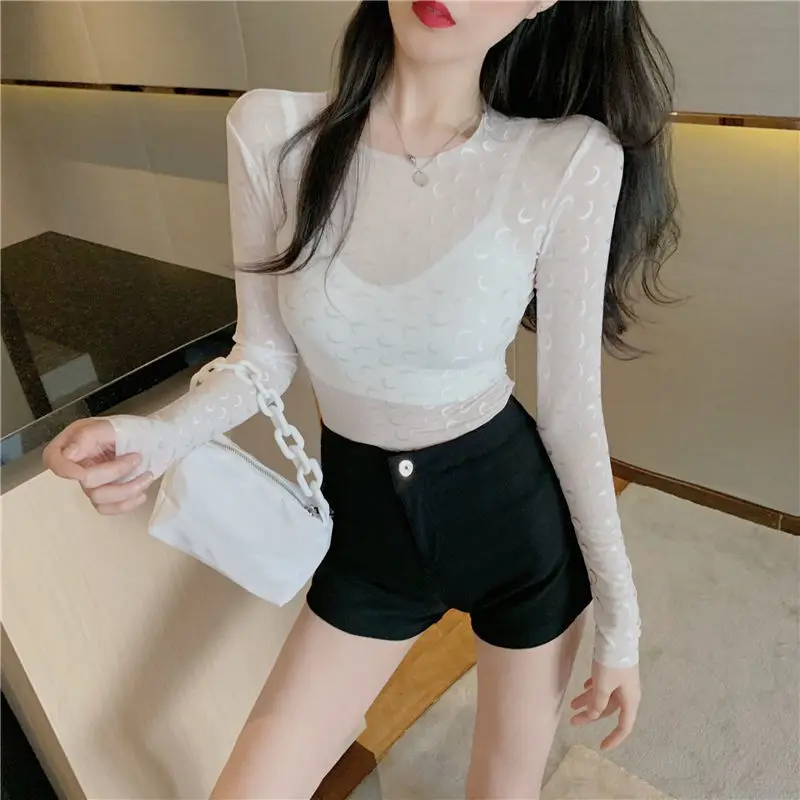 Lady Transparent O Neck Long Sleeve Basic Streetwear Thin Sexy Harajuku Slim Top Women Crescent Gothic Black White T Shirt 2022