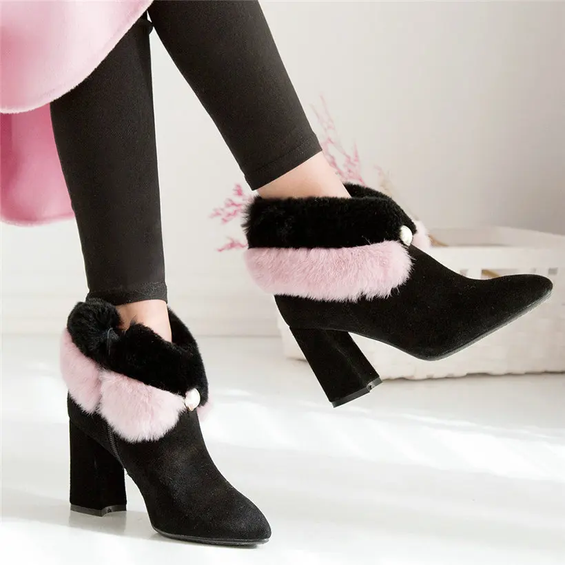 

2020 Women Genuine Leather Rabbit Fur Chunky High Heels Snow Boots Female Pointed Toe Winter Warm Party Pumps Shoes Casual Shoes