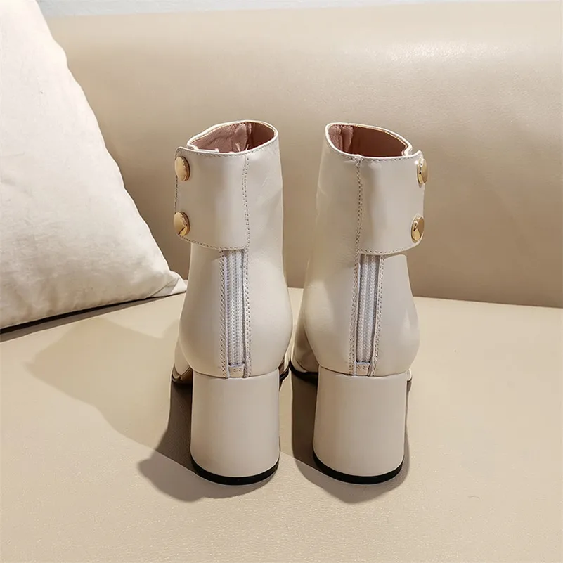 ANNYMOLI Autumn Ankle Boots Women Natural Genuine Leather Block High Heel Short Boots Zip Round Toe Shoes Female Winter Size 39