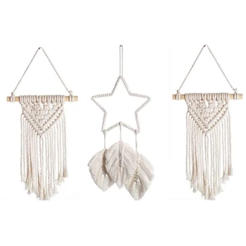 

3 PCS Macrame Wall Hanging Wall Decor Handmade Star Feather Woven Leaf Tassels Decoration Tapestry