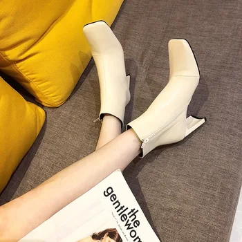 

Women Elegant Ankle Boots Shoes Block High Heels Sock Boots Square Toe Chunky Heels Zipper Boots Lady Autumn Winter Party Shoes