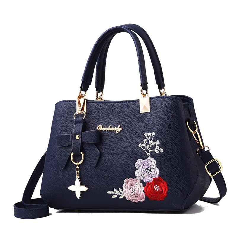 

Ougger Small Handbags Women's Shoulder Bag Blue PU Elegant Shell Bag with Bow Embroidery for Business