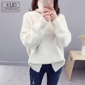 

2019 Winter Women Turtleneck Sweaters Knitted Casual Plush Pullovers Split Thick Solid Loose Sweater High Neck Sweater Loose