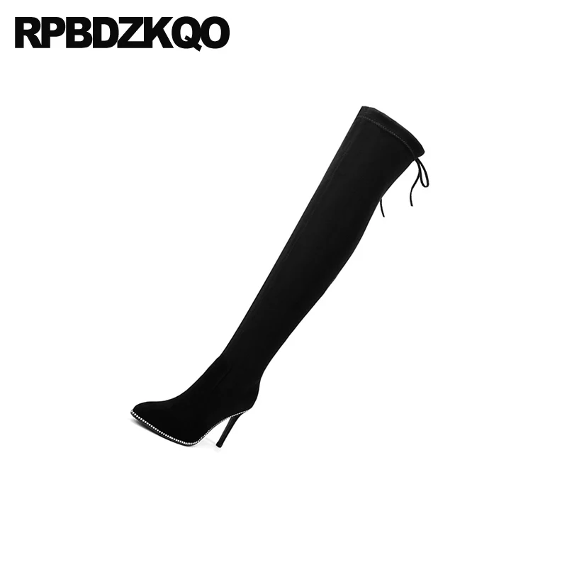 thigh high boots for plus size women sheepskin pointed toe heel long shoes slim over the knee black stiletto suede big brand new