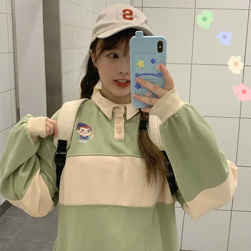 Весна с отворотами сшивание милые kawaii свободная повседневная одежда Осень Harajuku негабаритных с длинными рукавами грудь мультфильм печати женская футболка