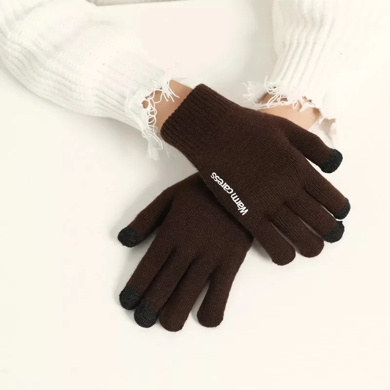 coffee color Флисовые вязаные перчатки для сенсорного экрана для мужчин и женщин, осенние и зимние теплые парные модели, шерстяные плюс бархатные Нескользящие резиновые перчатки - Цвет: coffee color