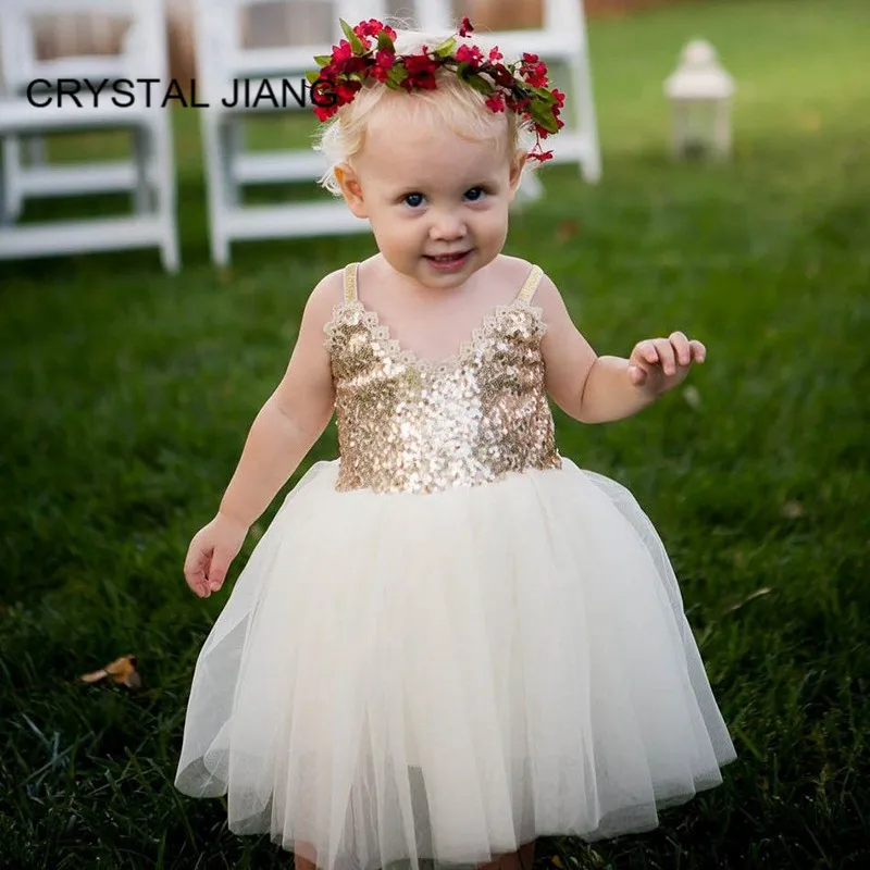 New Fashion Flower Girl Dress Charming V Neck Sequin Lace Tulle Birthday Party Gown for Weddings