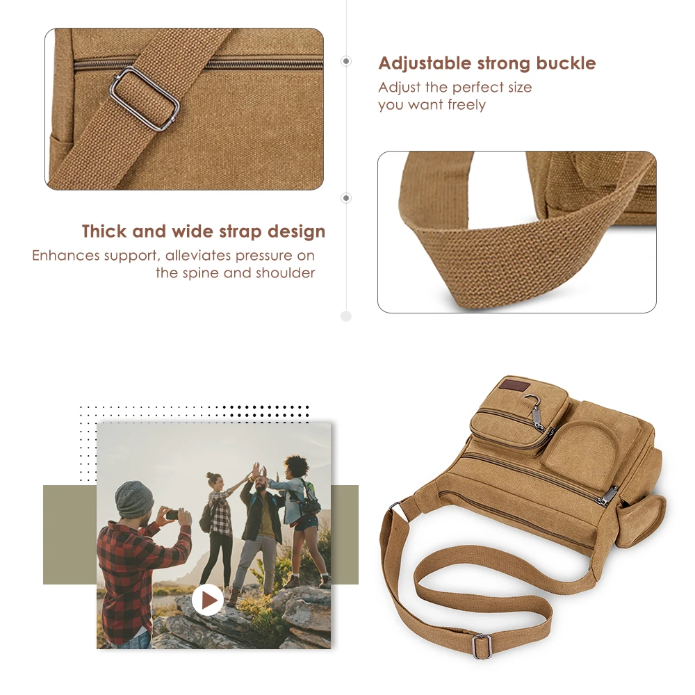 Men'S Crossbody Bag Canvas Multi-Function Zipper Closure Wide Shoulder Strap Tear-Resistant Outdoor Camping Hiking Bags