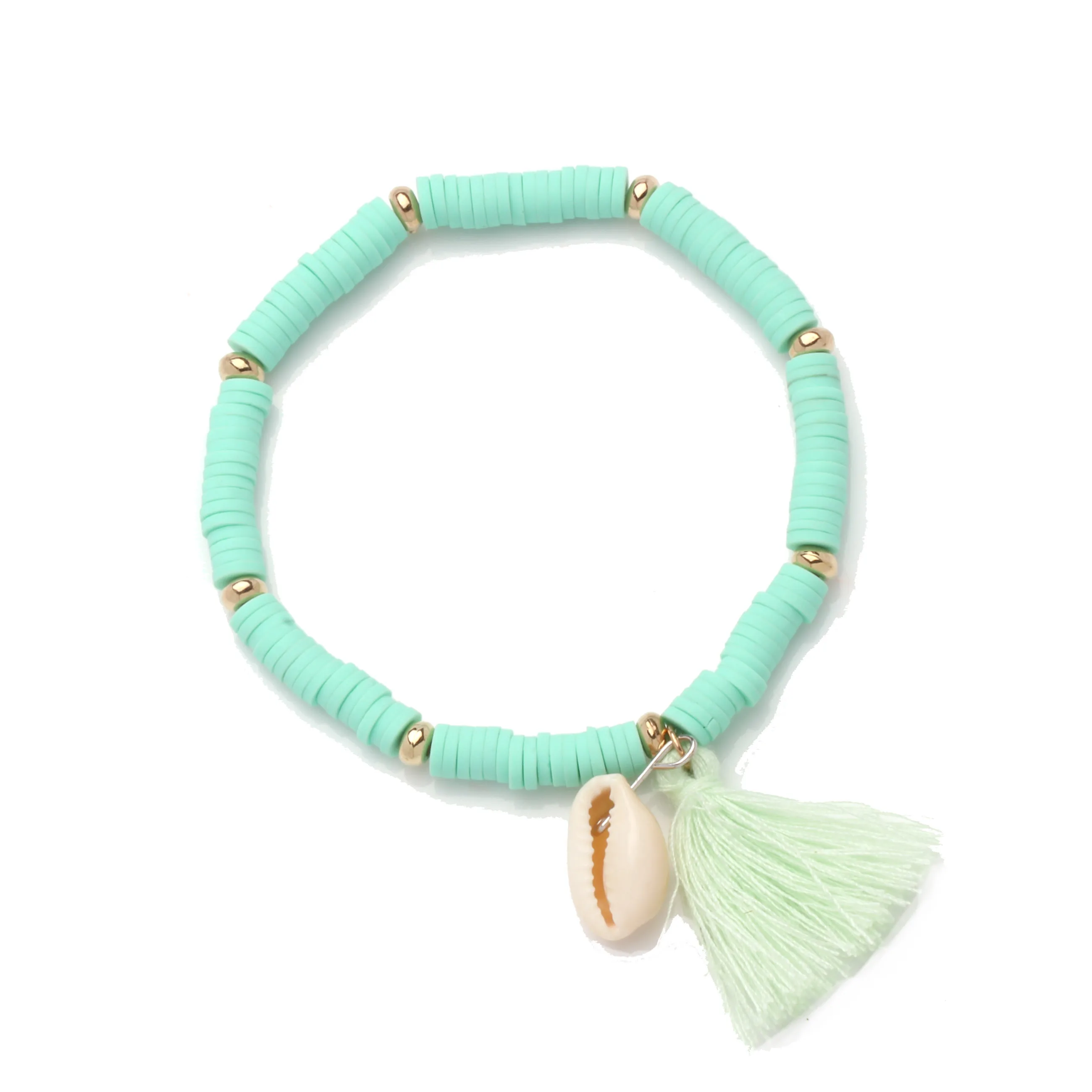 

Colorful Resin Polymer Clay Discs Beads Rainbow Heishi Tassel White Cowrie Seashells Pendant Stretch Bracelet Women Men Gifts