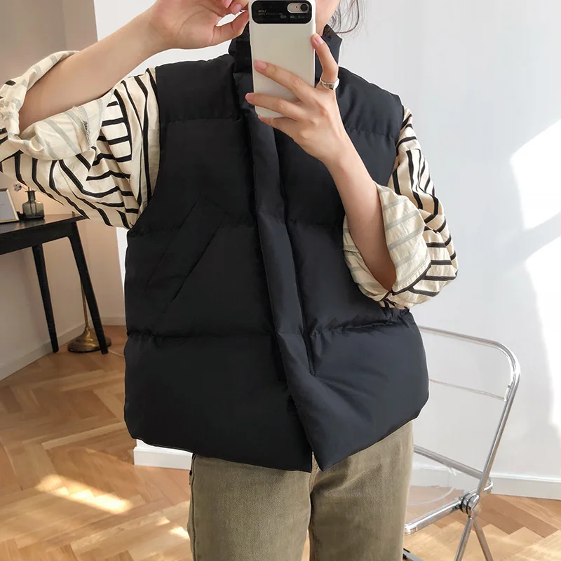 HLHPYHB Autumn Winter Woman Bread Design Cotton Vest Coat Female Base Parka Vest Tops Femal Warm Stand Collar Outwear Waistcoat