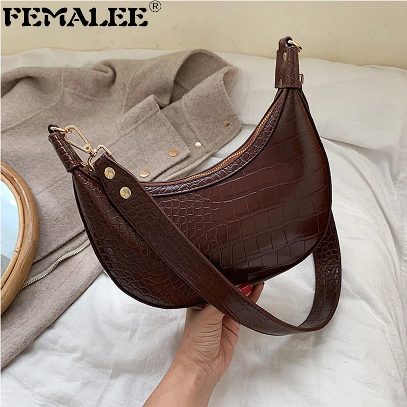 

2019 Women Alligator Dumpling Crossbody Bag Soft Half Moon Saddle Shoulder Bag Luxury Female Designer Messenger Purses Sac Mujer